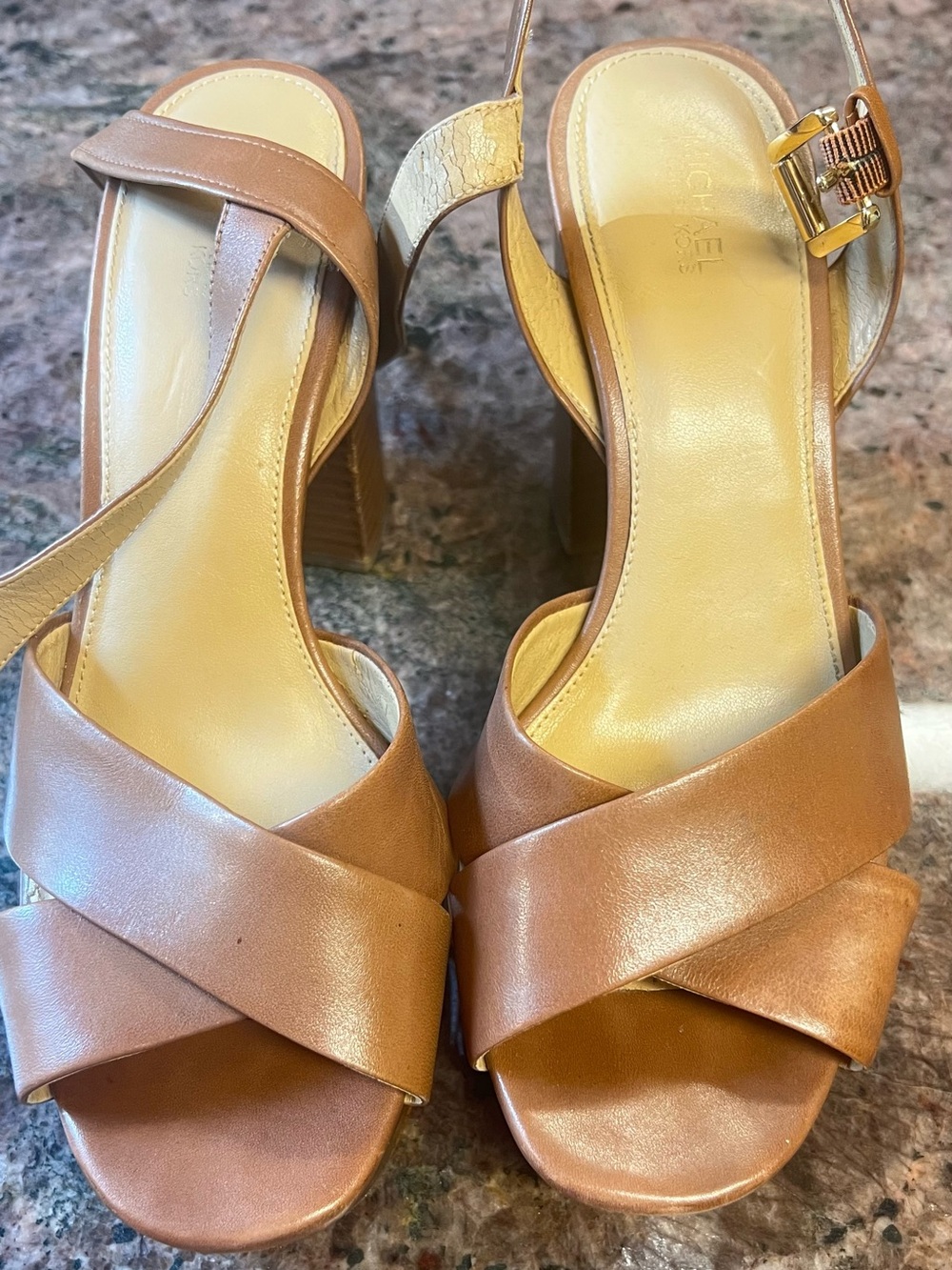 Michael Kors Cognac Leather Cross-Strap Block Heels